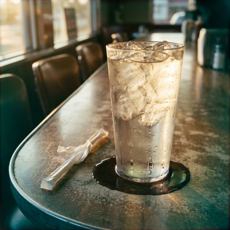 Polaroid of a tall glass of ice water on a diner counter, condensation pooling around it