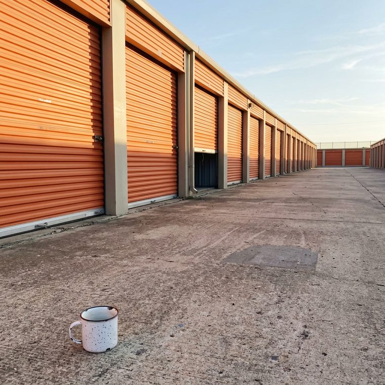 A long row of identical orange roll-up doors at a self-storage facility receding into the distance in late afternoon light, a chipped enamel mug on the concrete in the foreground