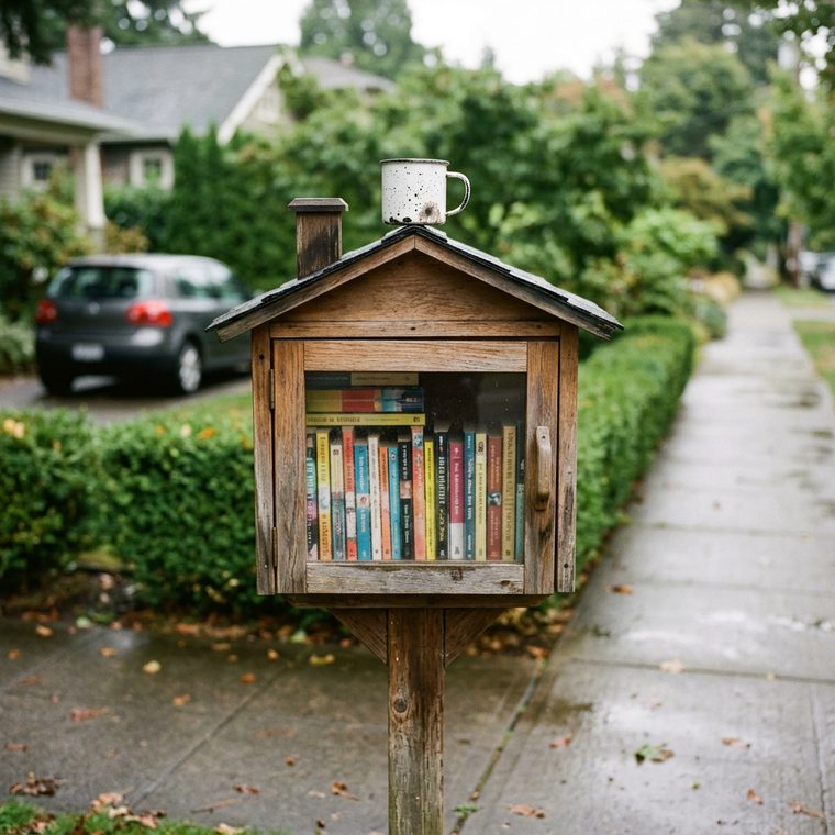 A small wooden book-exchange box on a post on a residential sidewalk, books behind its glass door, a chipped enamel mug balanced on the peaked roof