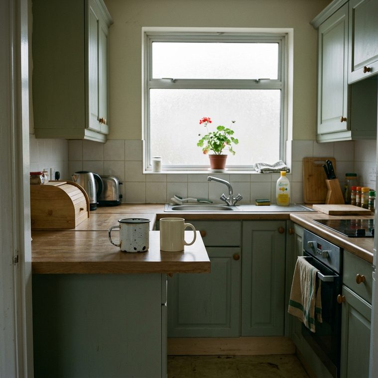 An empty kitchen photographed from the doorway in flat morning light, two mugs standing together on the counter