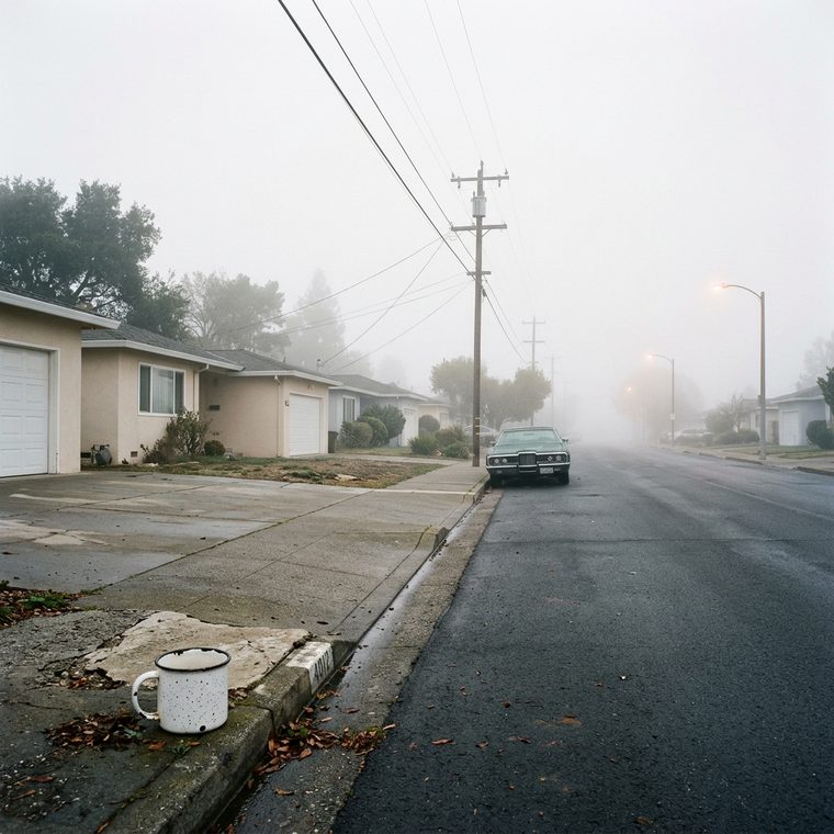A flat residential street of stucco houses swallowed by thick fog, the block dissolving into white, a chipped enamel mug on a driveway edge in the foreground