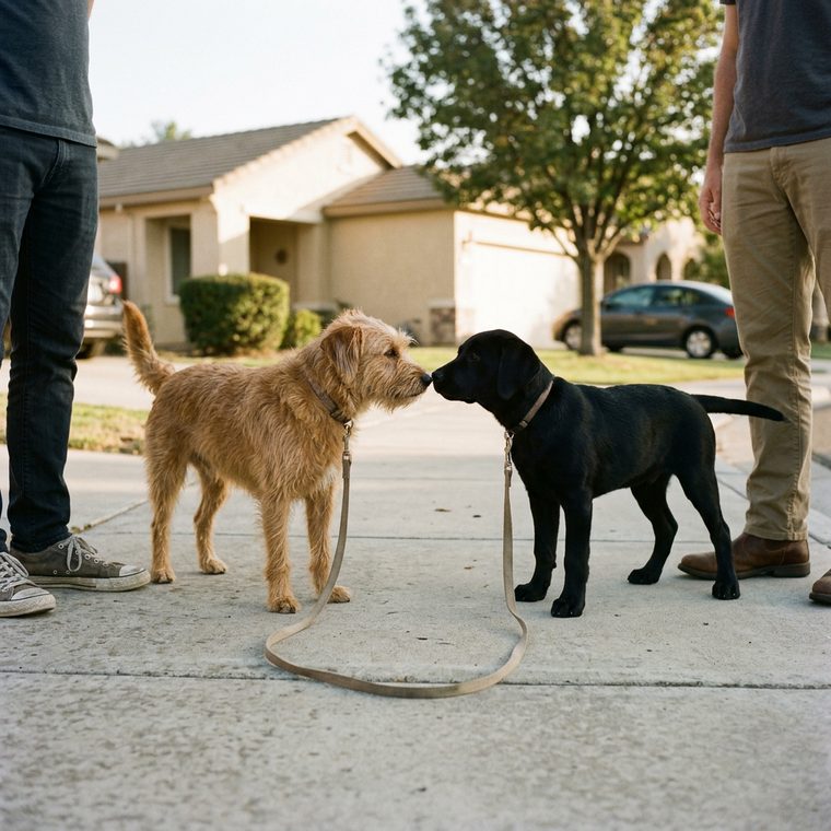 Two dogs meeting nose to nose on a suburban sidewalk, both leads slack, their people standing apart and cut off below the shoulders