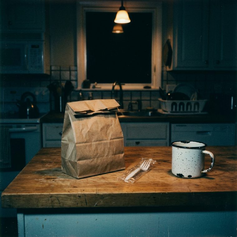 A folded paper takeaway bag on a kitchen counter at night, a wrapped fork beside it and a chipped enamel mug further along, only the light over the sink on